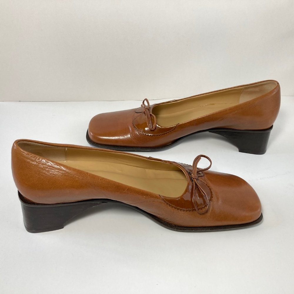 Harold Powell Cognac Genuine Leather Square Toe Flat Shoe Sz 9.5M Made in Italy